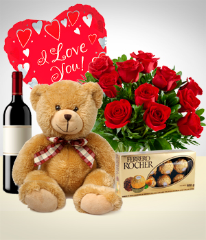 Bouquets - Combo Amor Total: 12 Rosas + Peluche + Globo + Chocolates + Vino