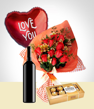 Amor y Romance - Combo Inspiracin: Bouquet de 12 Rosas + Globo + Vino + Chocolates