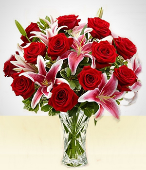 San Valentn - Intenso Amor: Liliums y Rosas en un Fino Vaso